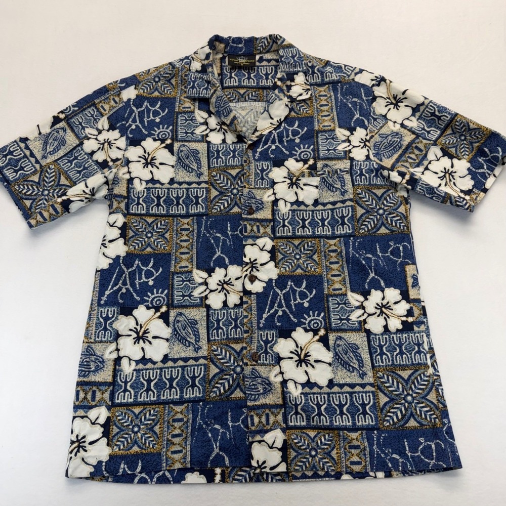 Royal Creations Shirt Mens M Blue Hibiscus Aloha Hawaiian Cotton Coconut Button - Picture 2 of 10